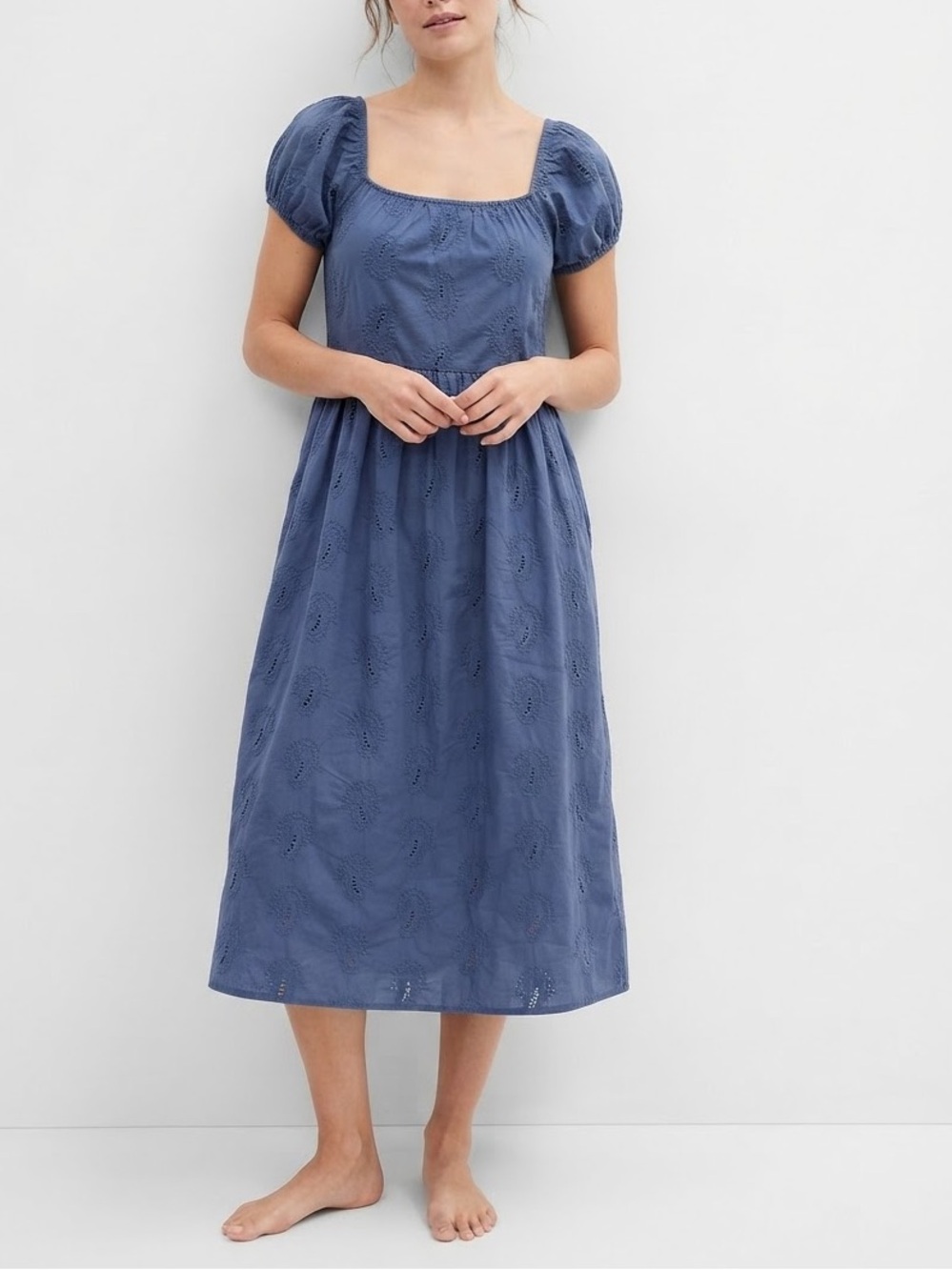 Universal Thread Blue Eyelet Midi Dress with Puff Sleeves